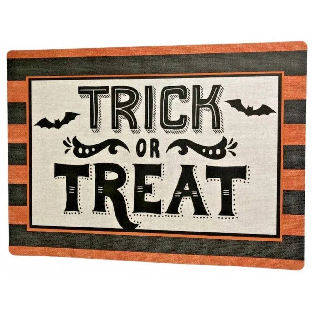 Halloween Trick or Treat Placemats Vinyl Foam Back Black Orange Bats Set of 4